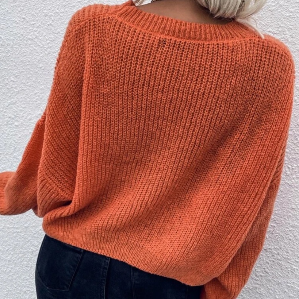 SOLD OUT Pumpkin Orange Drop Shoulder Knit Cropped Pullover Long Sleeve Sweater - Picture 2 of 3